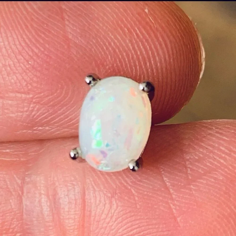 White Fire Faux Opal Oval Stud Earrings Unisex